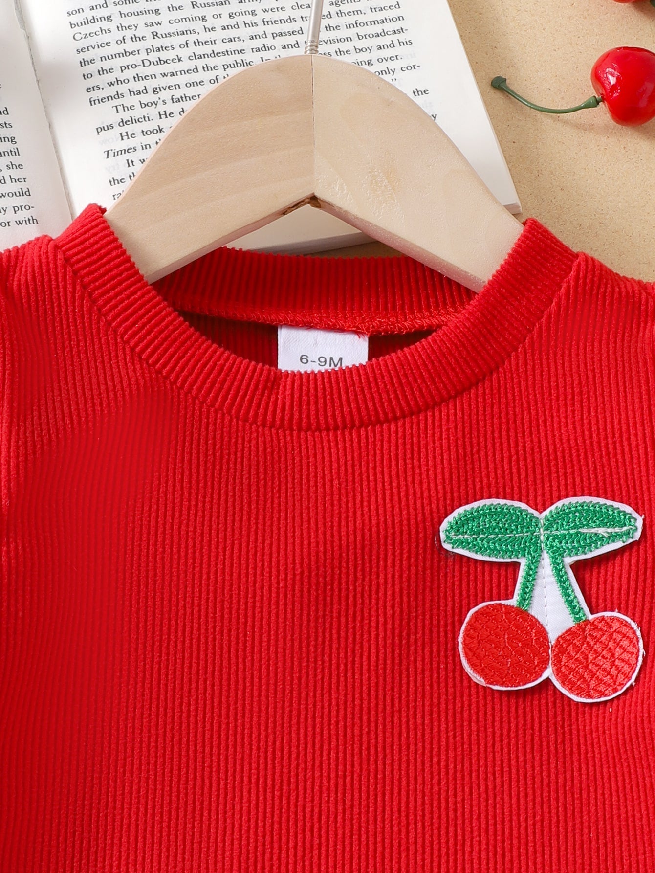 Baby Girls Spring/Autumn Long-sleeve Red Ribbed Top and Cherry Rmbroidered Teans Two-piece Set