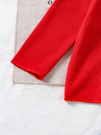 طقم قطعتين للبنات الصغيرات، ربيع/خريف، يتكون من بلوزة حمراء مضلعة بأكمام طويلة وبلوزة مطرزة بالكرز