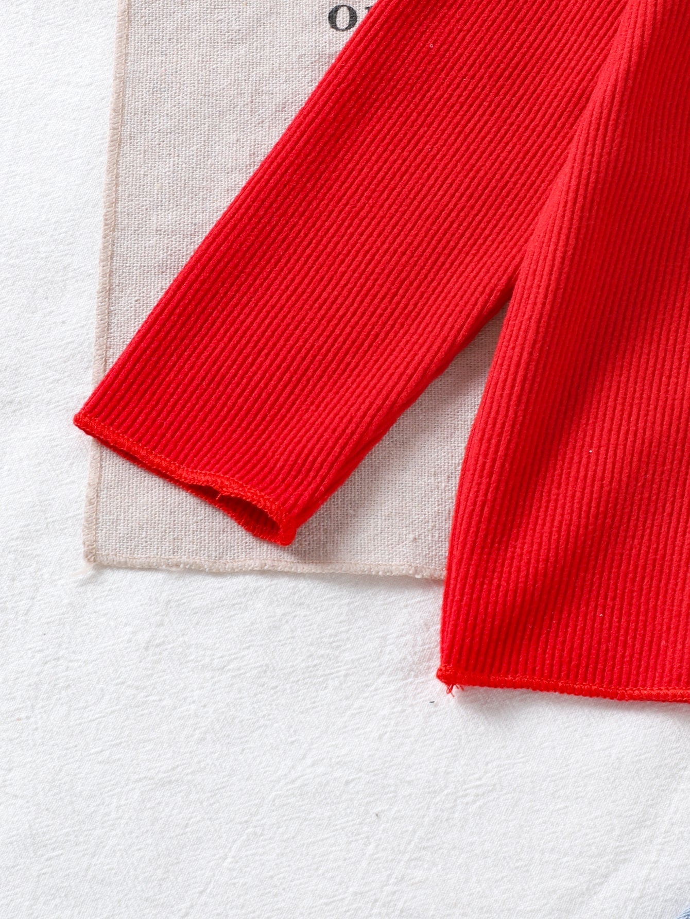 Baby Girls Spring/Autumn Long-sleeve Red Ribbed Top and Cherry Rmbroidered Teans Two-piece Set