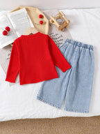 طقم قطعتين للبنات الصغيرات، ربيع/خريف، يتكون من بلوزة حمراء مضلعة بأكمام طويلة وبلوزة مطرزة بالكرز