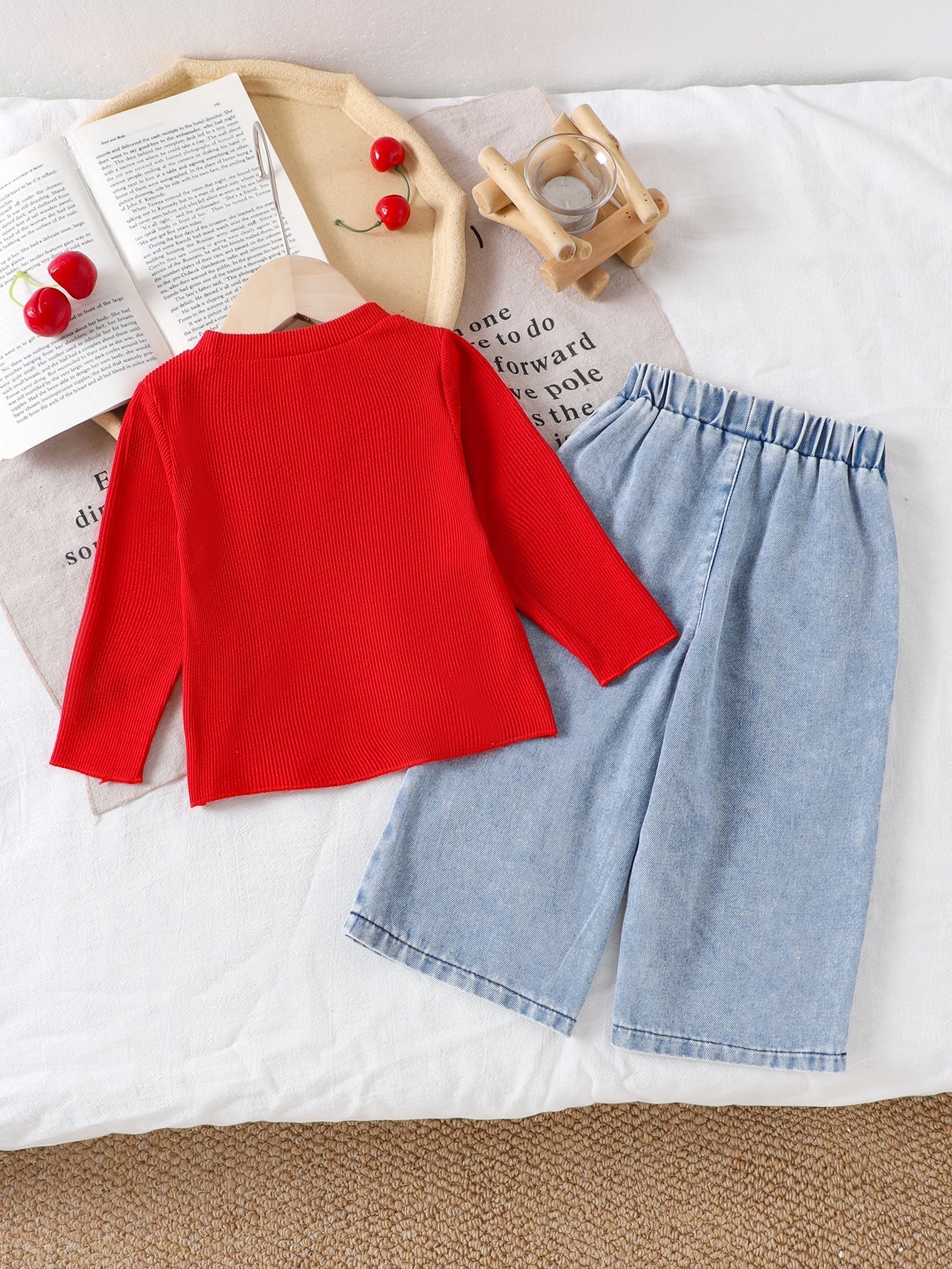 Baby Girls Spring/Autumn Long-sleeve Red Ribbed Top and Cherry Rmbroidered Teans Two-piece Set