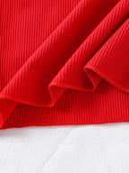 طقم قطعتين للبنات الصغيرات، ربيع/خريف، يتكون من بلوزة حمراء مضلعة بأكمام طويلة وبلوزة مطرزة بالكرز