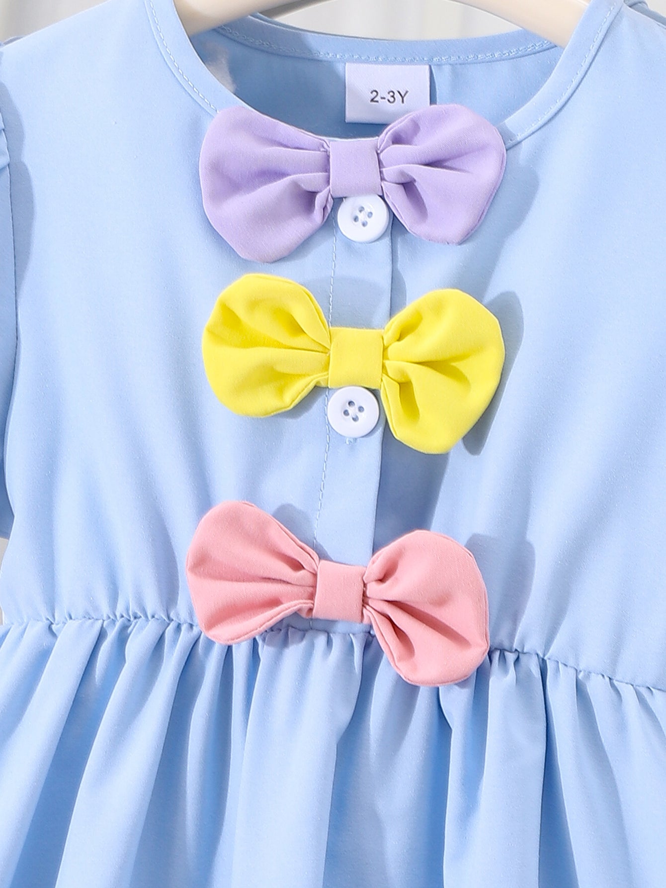 Girls Blue Short Puff Sleeves Bowknot Dress