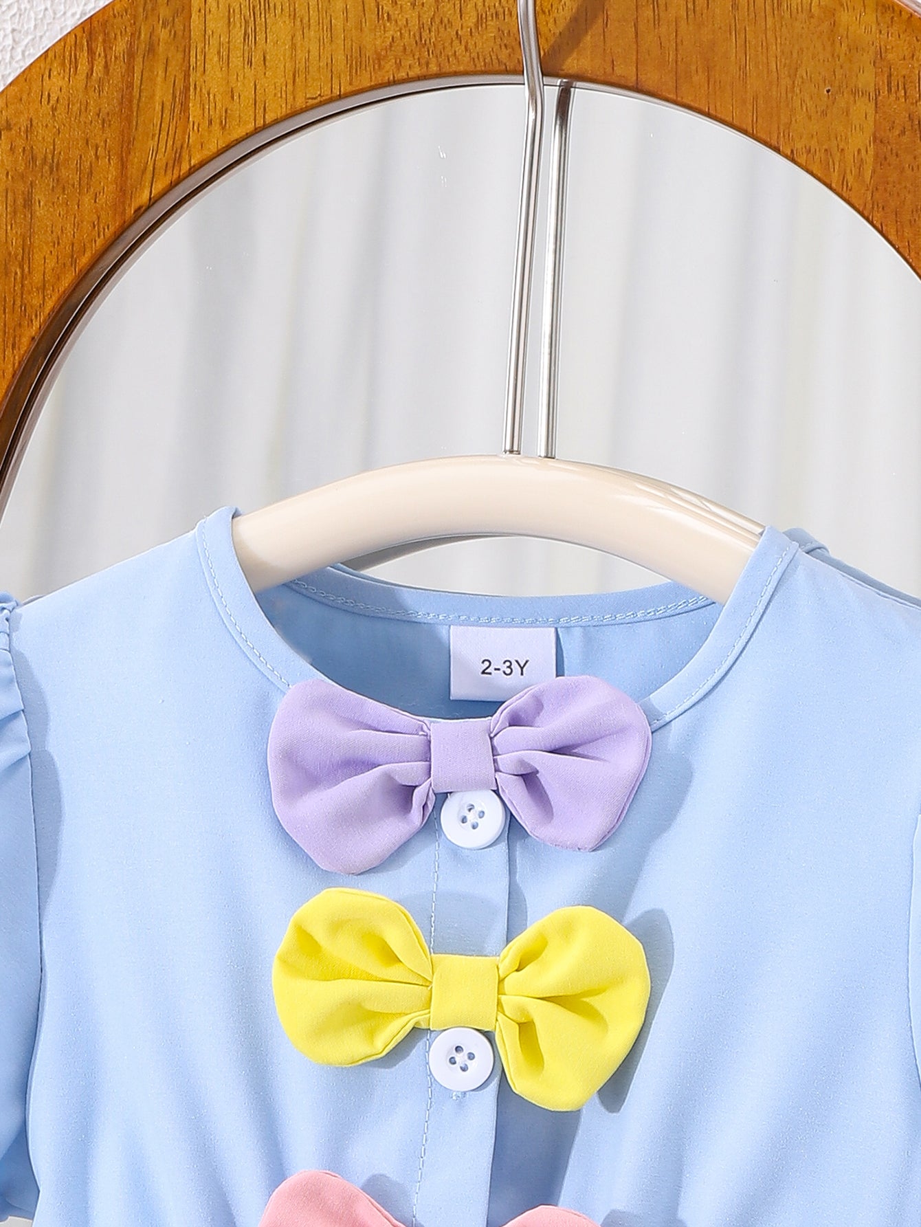Girls Blue Short Puff Sleeves Bowknot Dress