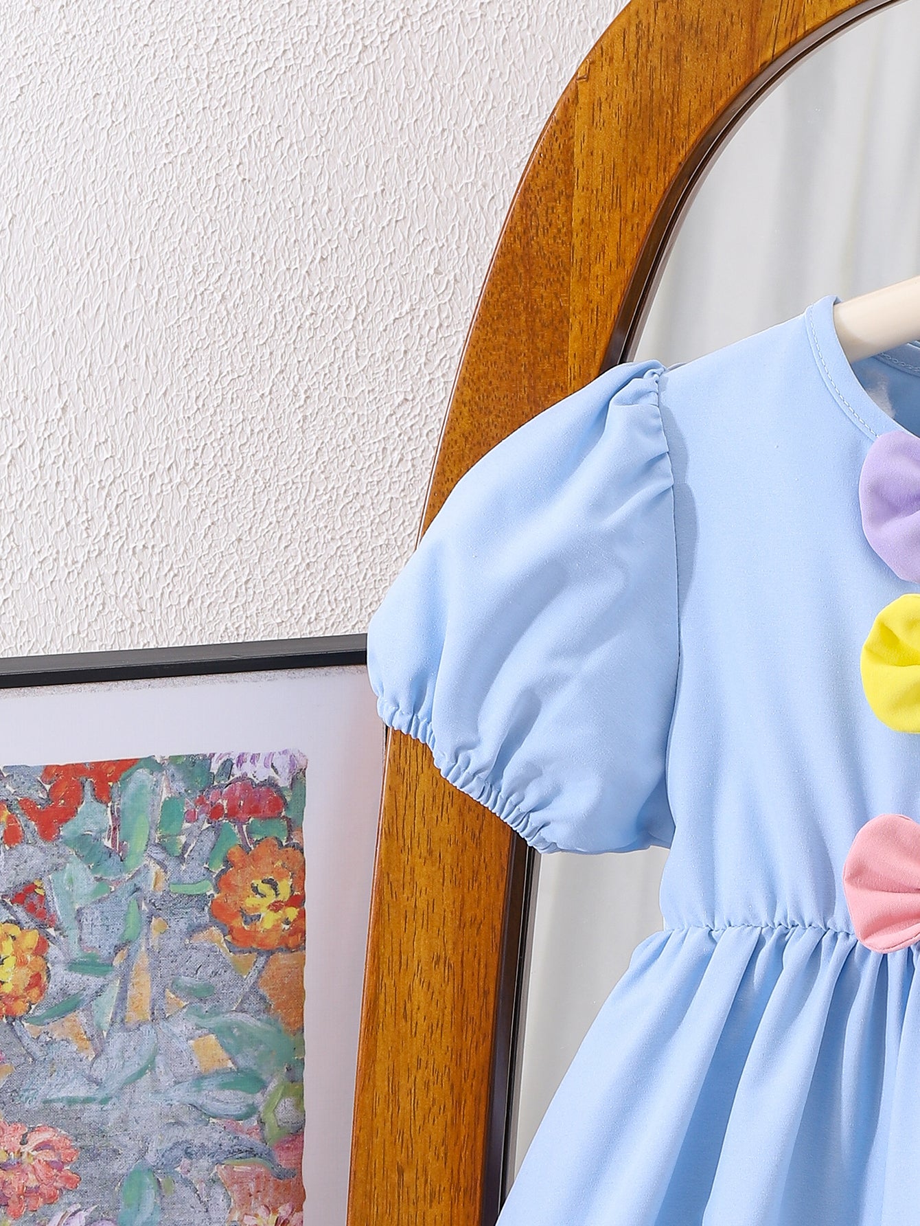 Girls Blue Short Puff Sleeves Bowknot Dress