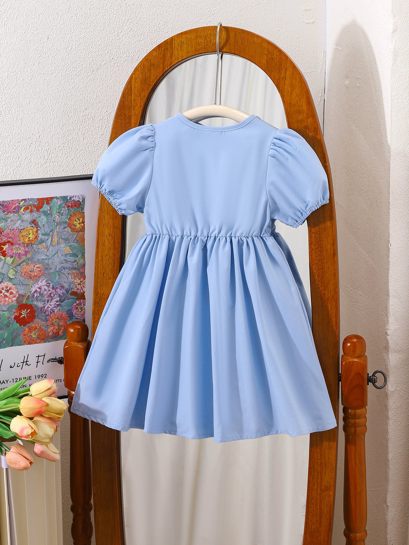 Girls Blue Short Puff Sleeves Bowknot Dress