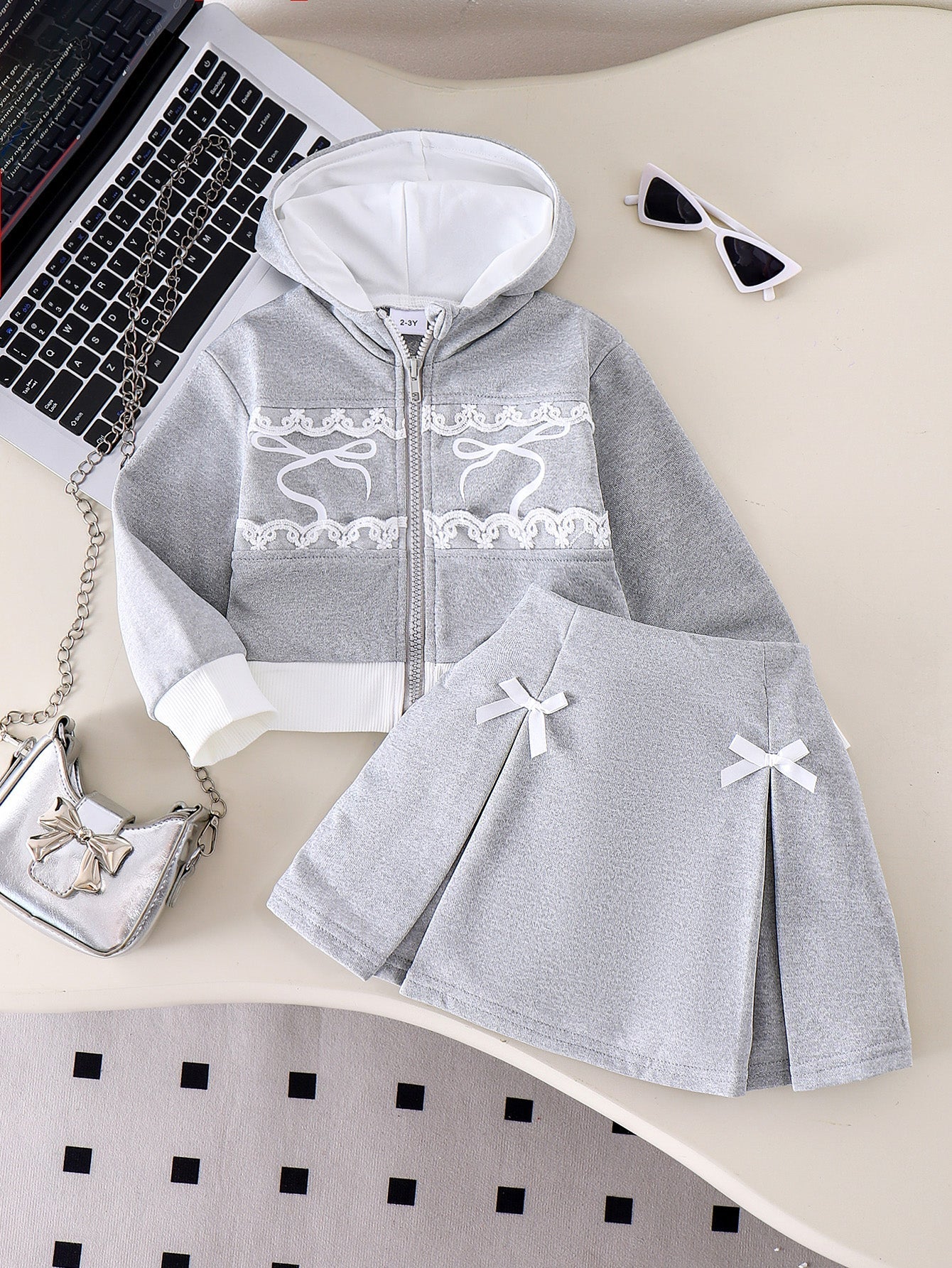 Girls Spring/Autumn Long-Sleeve Hooded Zip-Up Sweatshirt and Bow Skirt Two-Piece Set