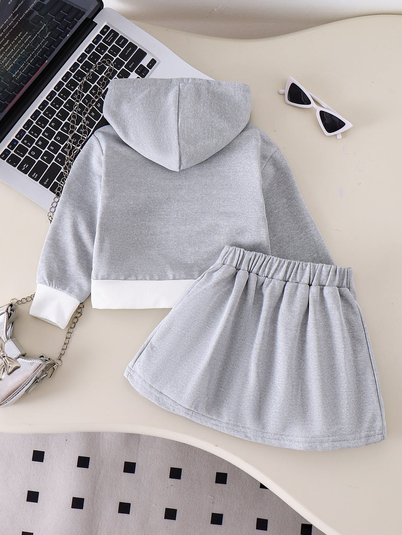 Girls Spring/Autumn Long-Sleeve Hooded Zip-Up Sweatshirt and Bow Skirt Two-Piece Set
