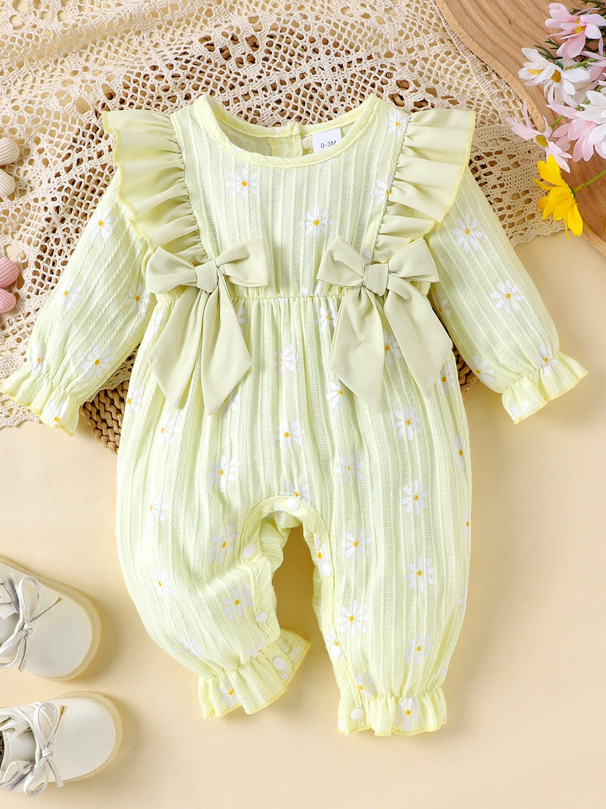 Baby Girls Daisy Yellow Bow Ruffles Jumpsuit