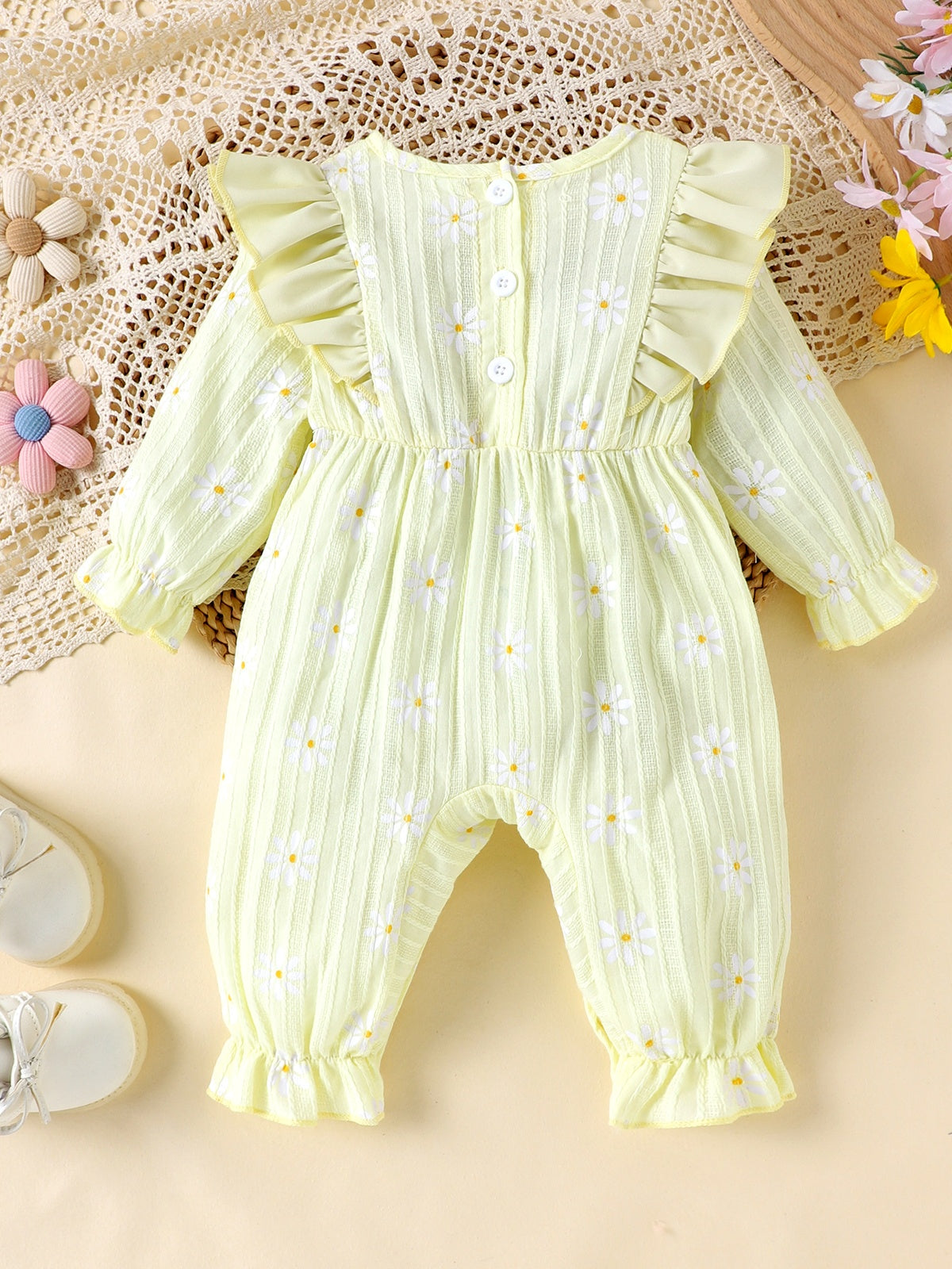 Baby Girls Daisy Yellow Bow Ruffles Jumpsuit