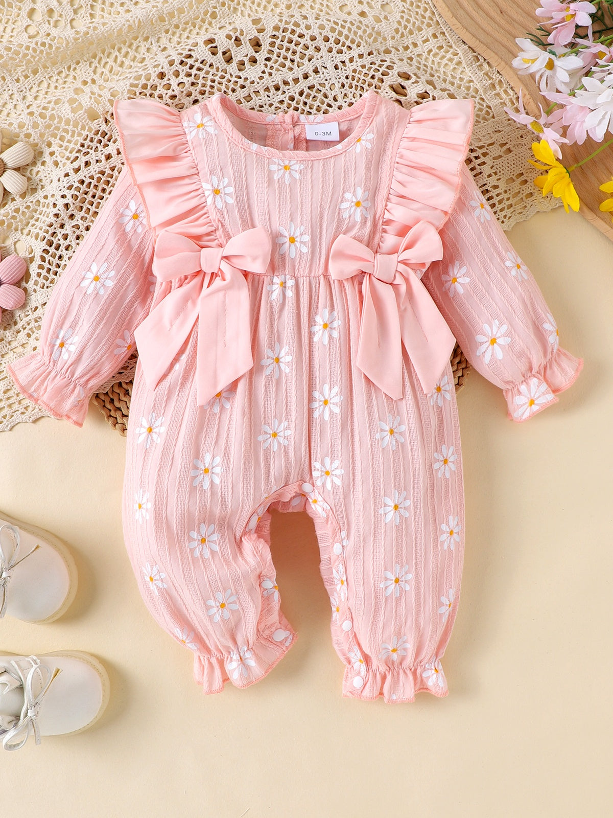 Baby Girls Daisy Pink Bow Ruffles Jumpsuit