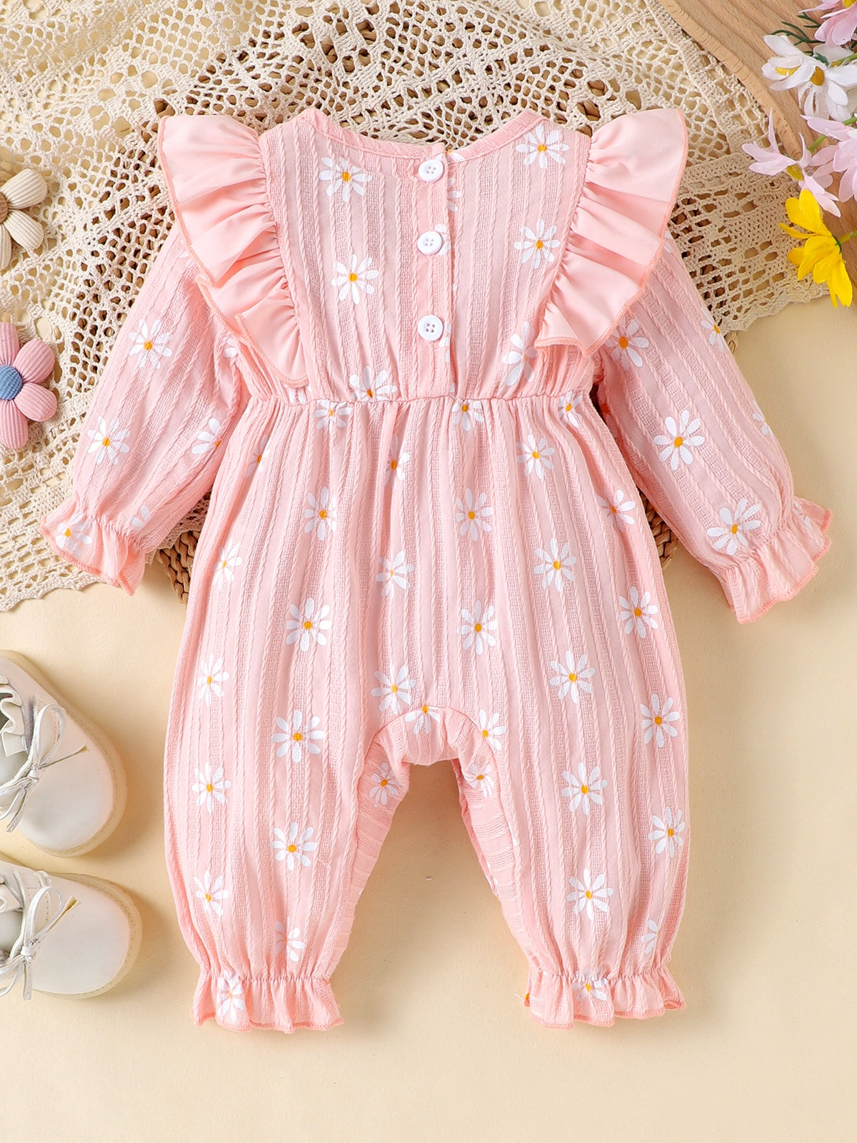 Baby Girls Daisy Pink Bow Ruffles Jumpsuit