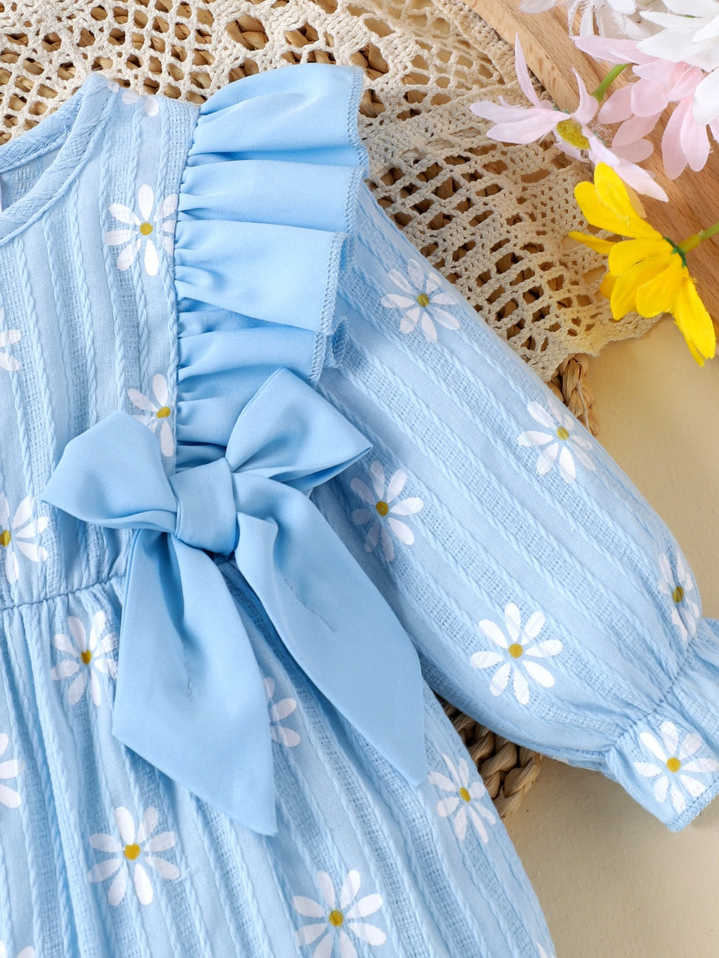 Baby Girls Daisy Blue Bow Ruffles Jumpsuit
