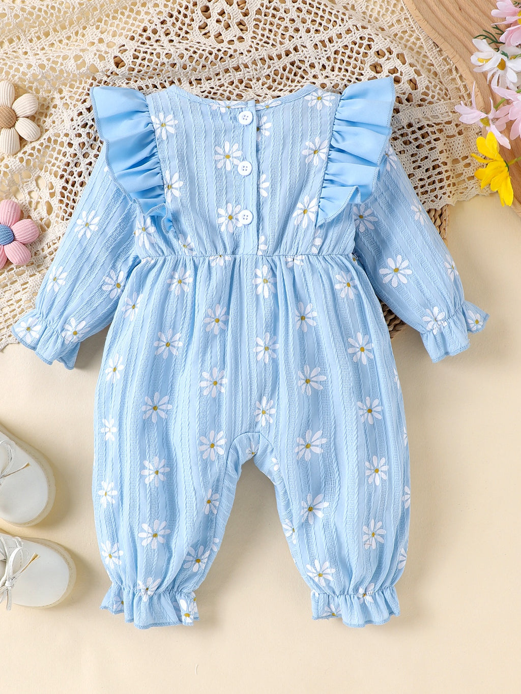 Baby Girls Daisy Blue Bow Ruffles Jumpsuit