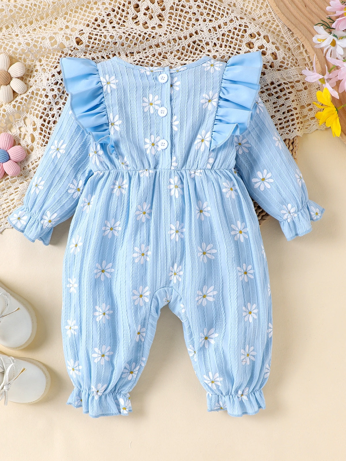 Baby Girls Daisy Blue Bow Ruffles Jumpsuit