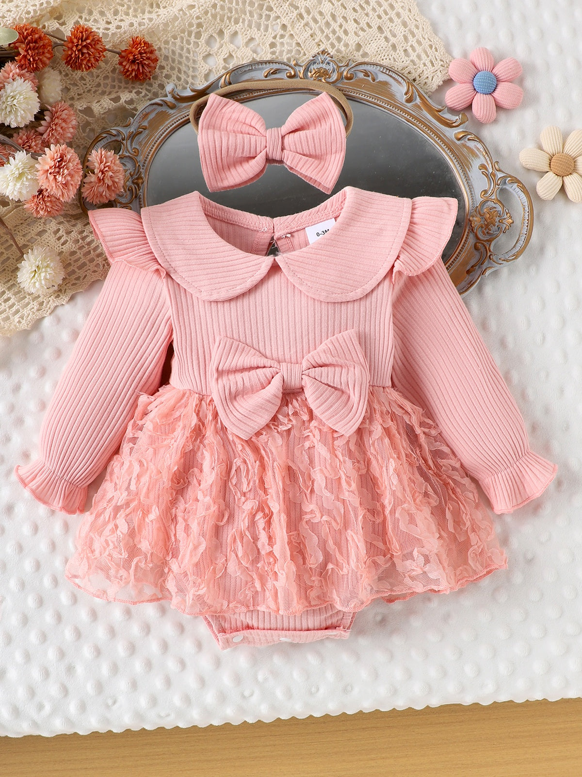 Baby Girls Pink Bow Lace Romper Dress With Headband