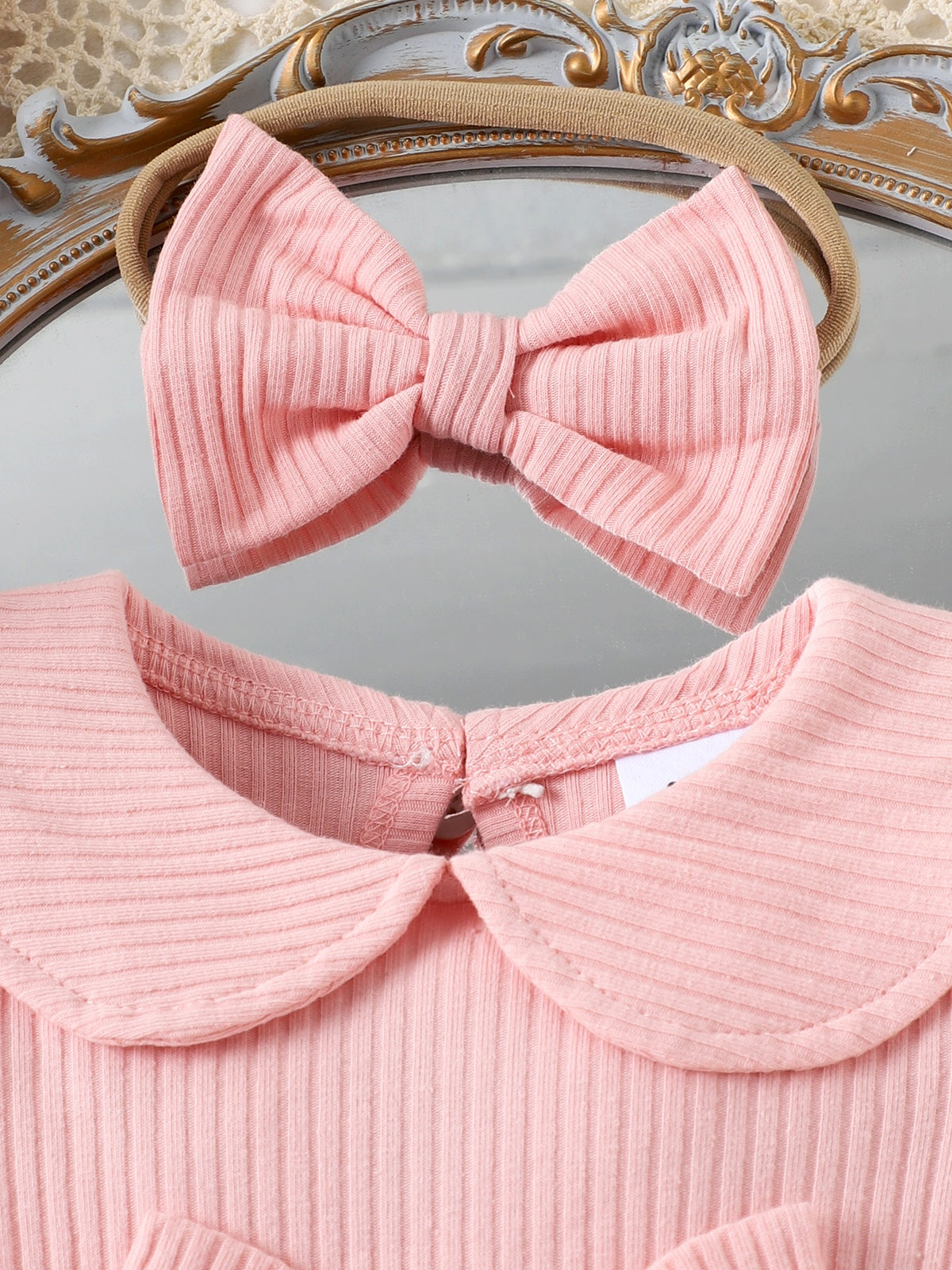 Baby Girls Pink Bow Lace Romper Dress With Headband