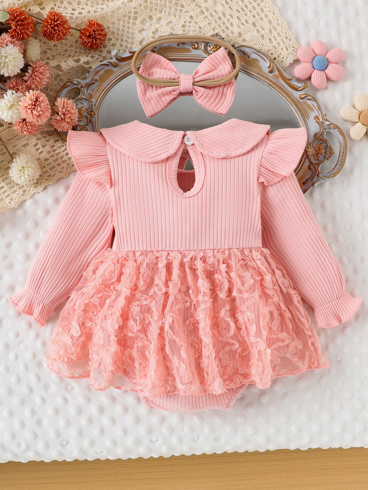 Baby Girls Pink Bow Lace Romper Dress With Headband