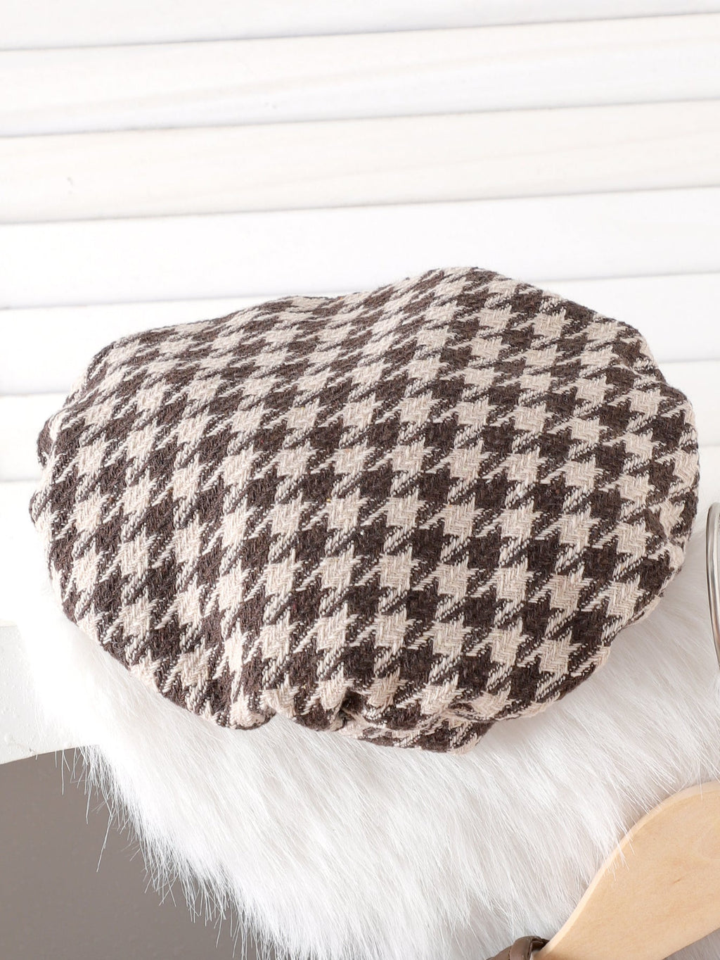 Baby Girls  Four-piece Set: Long-sleeve PU Jacket, Long-sleeve Ribbed T-shirt, Houndstooth Skirt and hat.