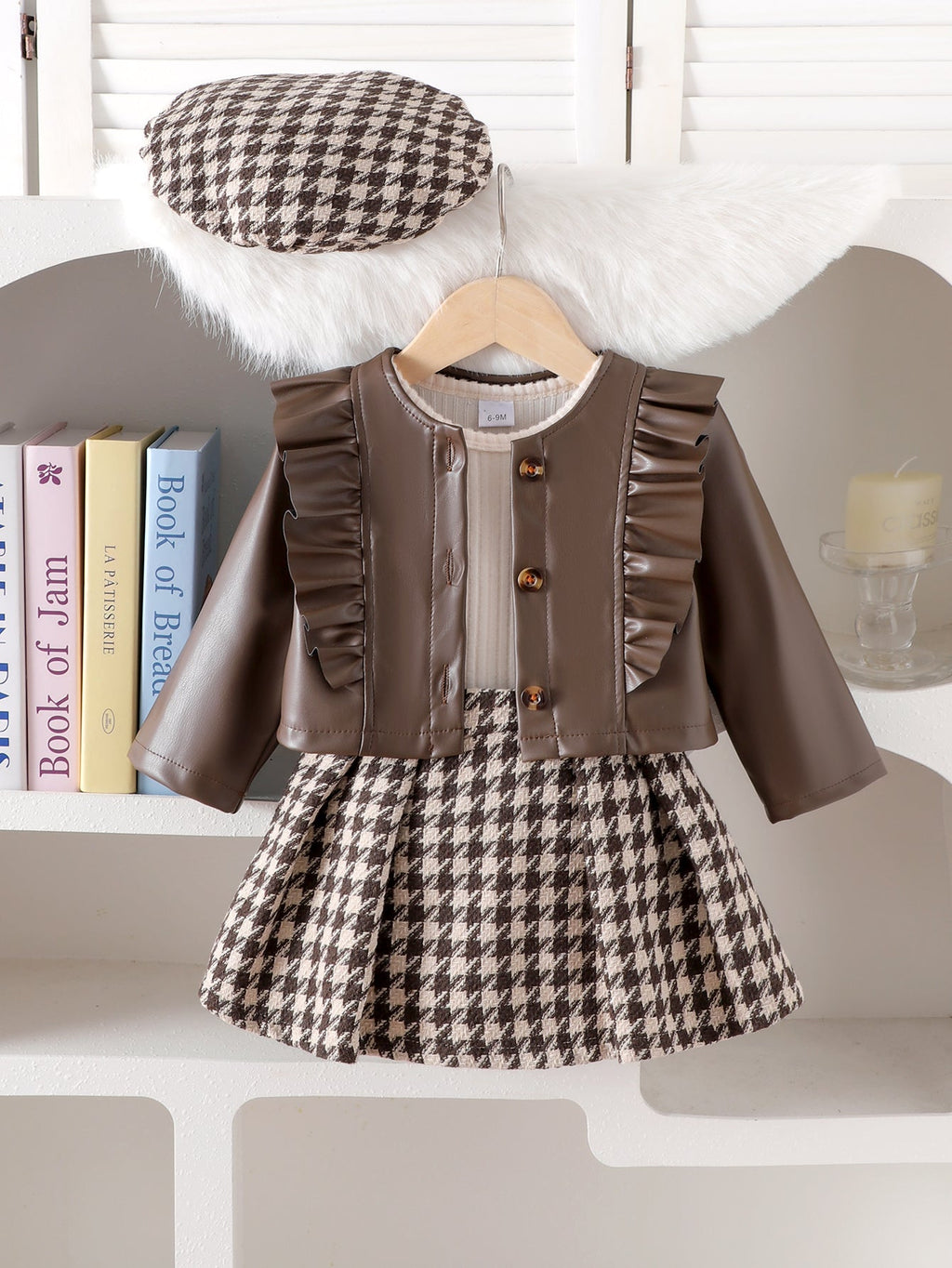 Baby Girls  Four-piece Set: Long-sleeve PU Jacket, Long-sleeve Ribbed T-shirt, Houndstooth Skirt and hat.