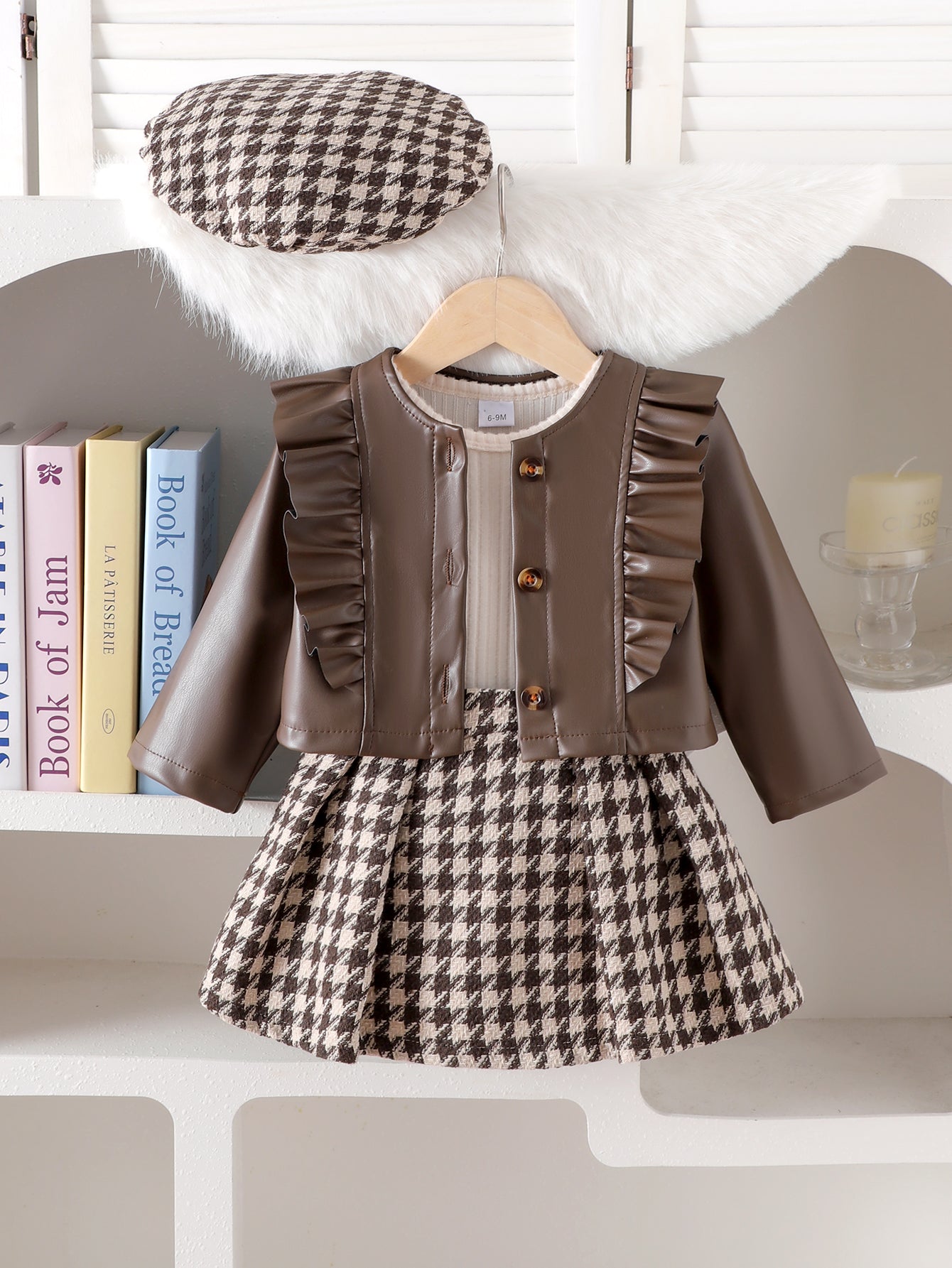 Baby Girls  Four-piece Set: Long-sleeve PU Jacket, Long-sleeve Ribbed T-shirt, Houndstooth Skirt and hat.