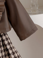 Baby Girls  Four-piece Set: Long-sleeve PU Jacket, Long-sleeve Ribbed T-shirt, Houndstooth Skirt and hat.