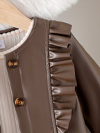 Baby Girls  Four-piece Set: Long-sleeve PU Jacket, Long-sleeve Ribbed T-shirt, Houndstooth Skirt and hat.