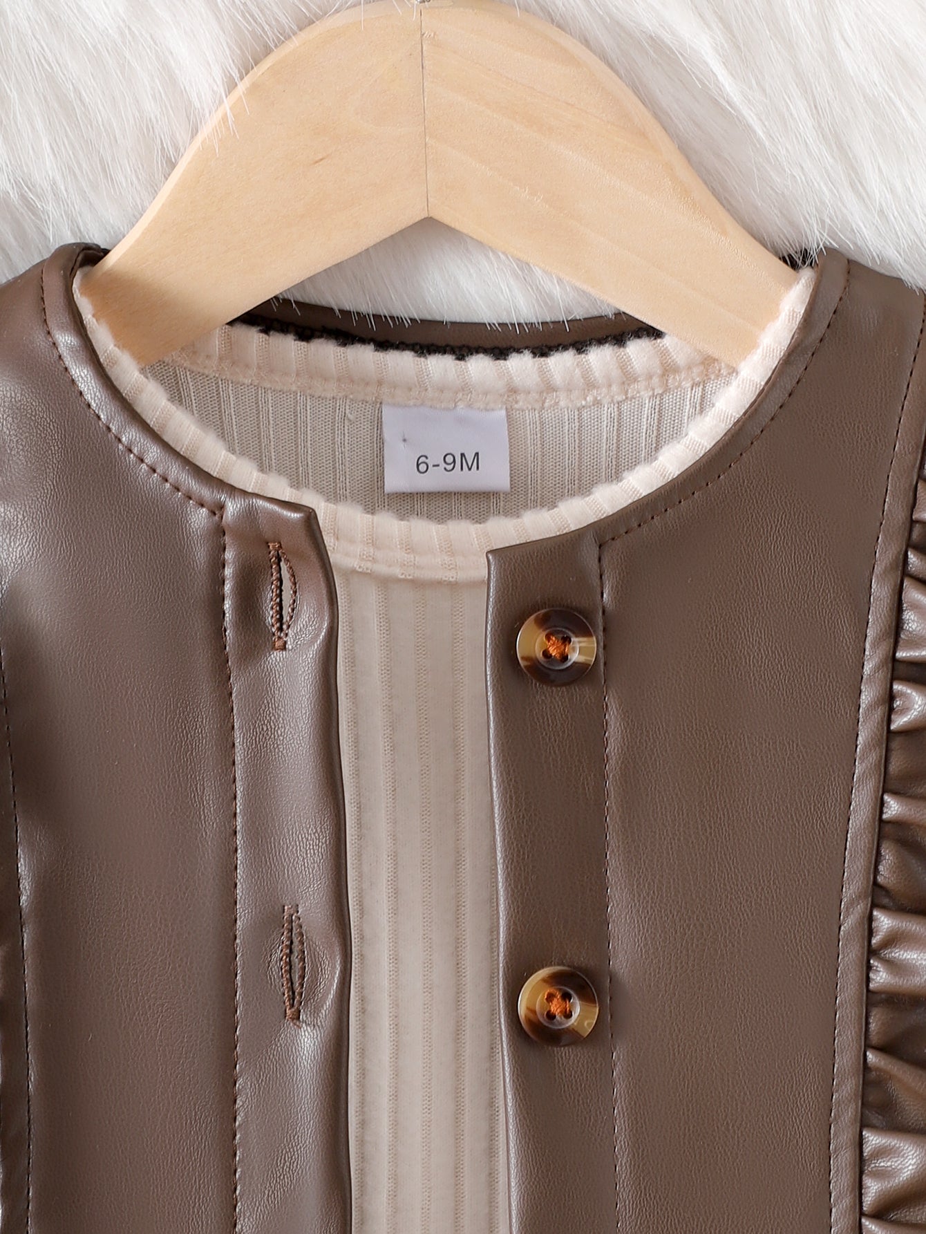 Baby Girls  Four-piece Set: Long-sleeve PU Jacket, Long-sleeve Ribbed T-shirt, Houndstooth Skirt and hat.