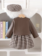 Baby Girls  Four-piece Set: Long-sleeve PU Jacket, Long-sleeve Ribbed T-shirt, Houndstooth Skirt and hat.