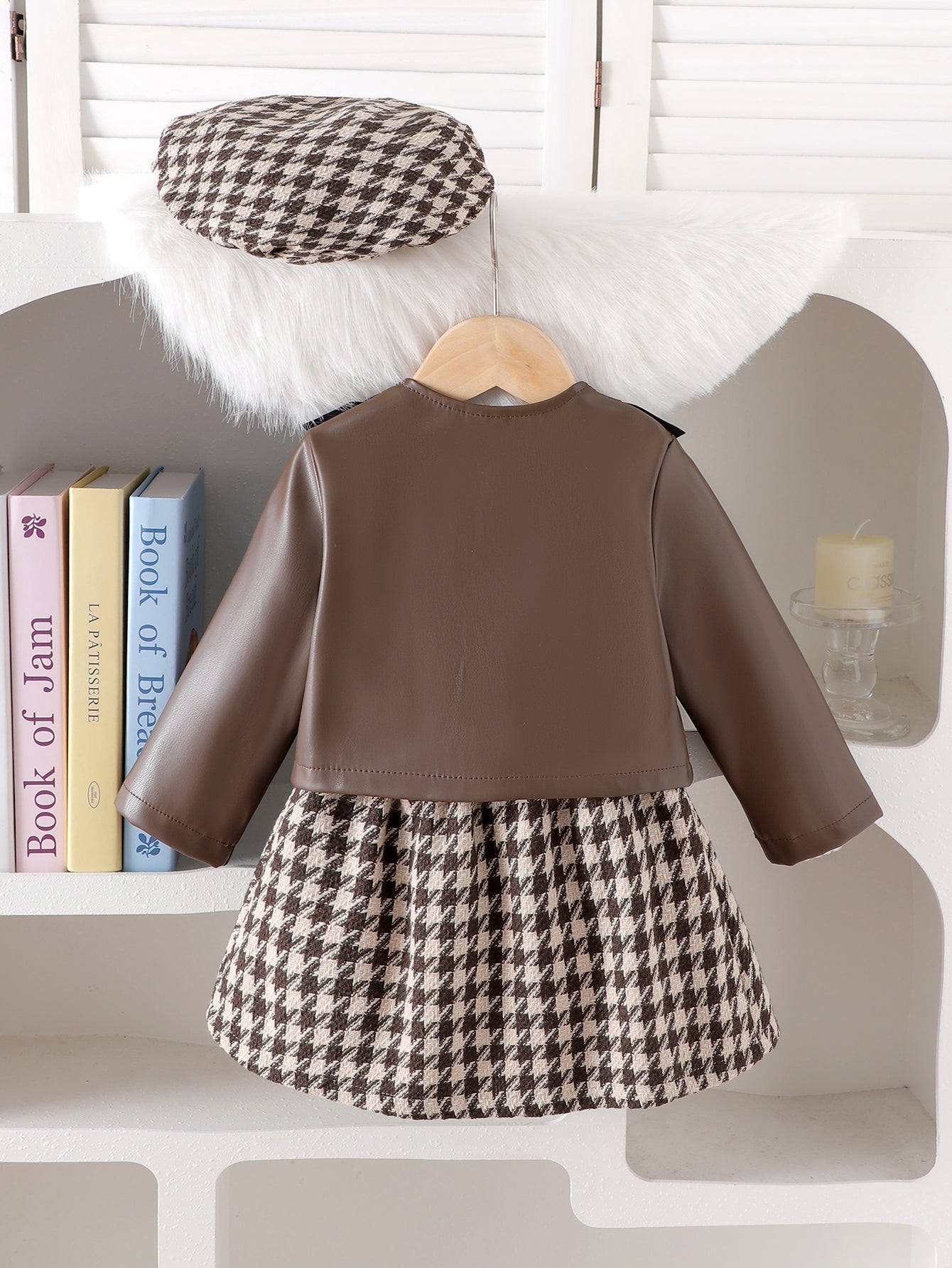 Baby Girls  Four-piece Set: Long-sleeve PU Jacket, Long-sleeve Ribbed T-shirt, Houndstooth Skirt and hat.