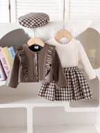 Baby Girls  Four-piece Set: Long-sleeve PU Jacket, Long-sleeve Ribbed T-shirt, Houndstooth Skirt and hat.