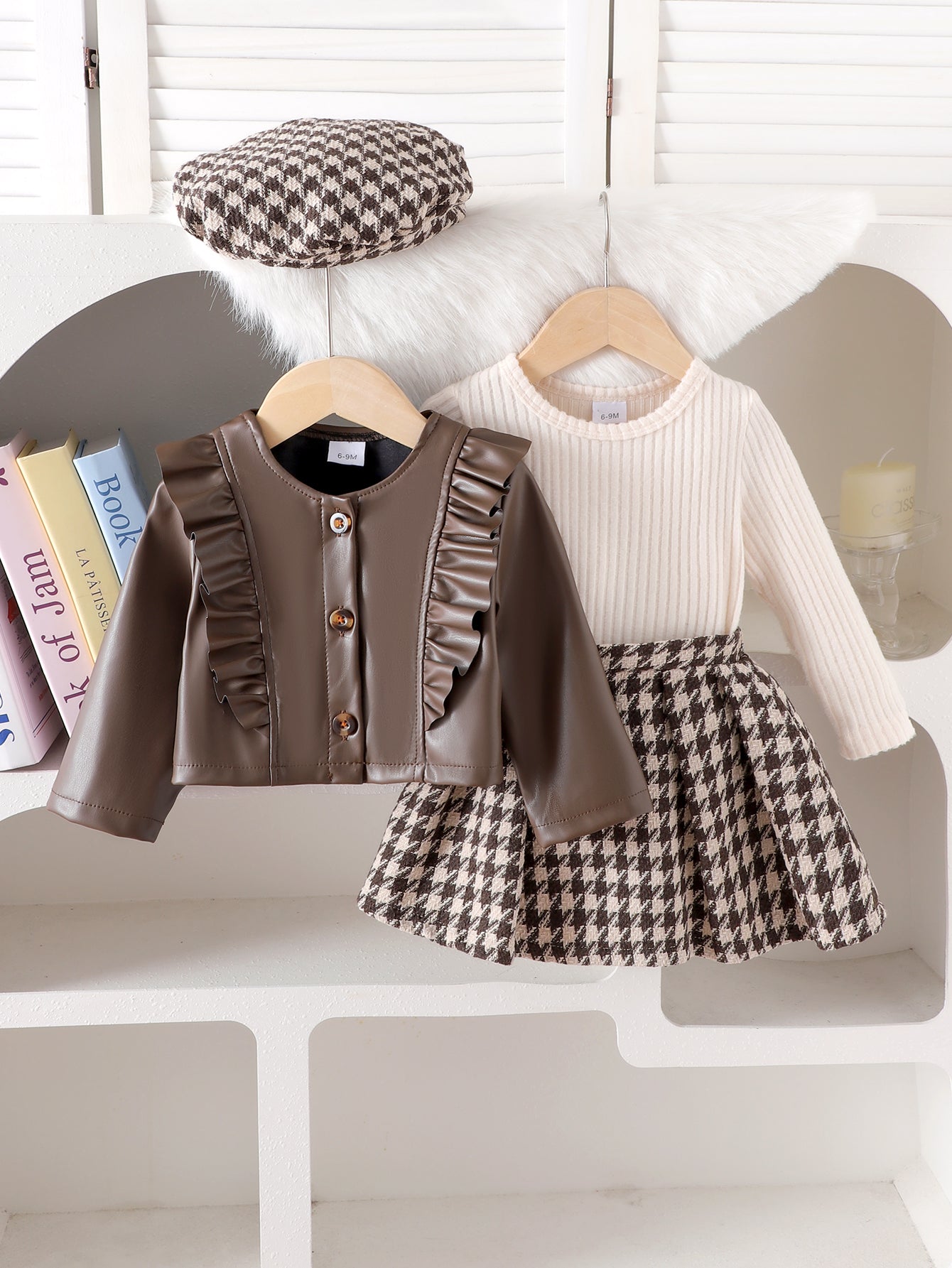 Baby Girls  Four-piece Set: Long-sleeve PU Jacket, Long-sleeve Ribbed T-shirt, Houndstooth Skirt and hat.