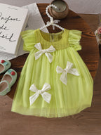 Baby Girls Summer Ruffled Sleeves Bow-Decorated Mesh Dress