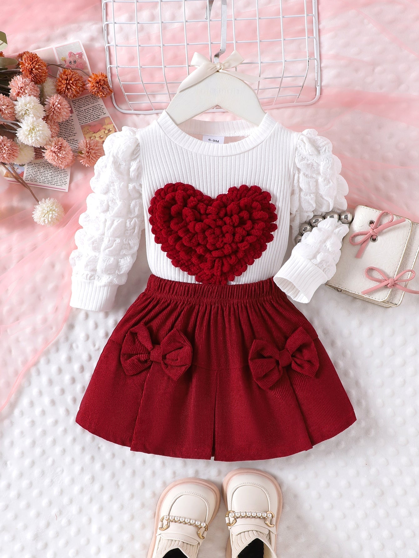 Baby Girls Spring/Autumn Puff Long-sleeve T-shirt with 3D heart pattern and Corduroy Bow Skirt Two-piece Set