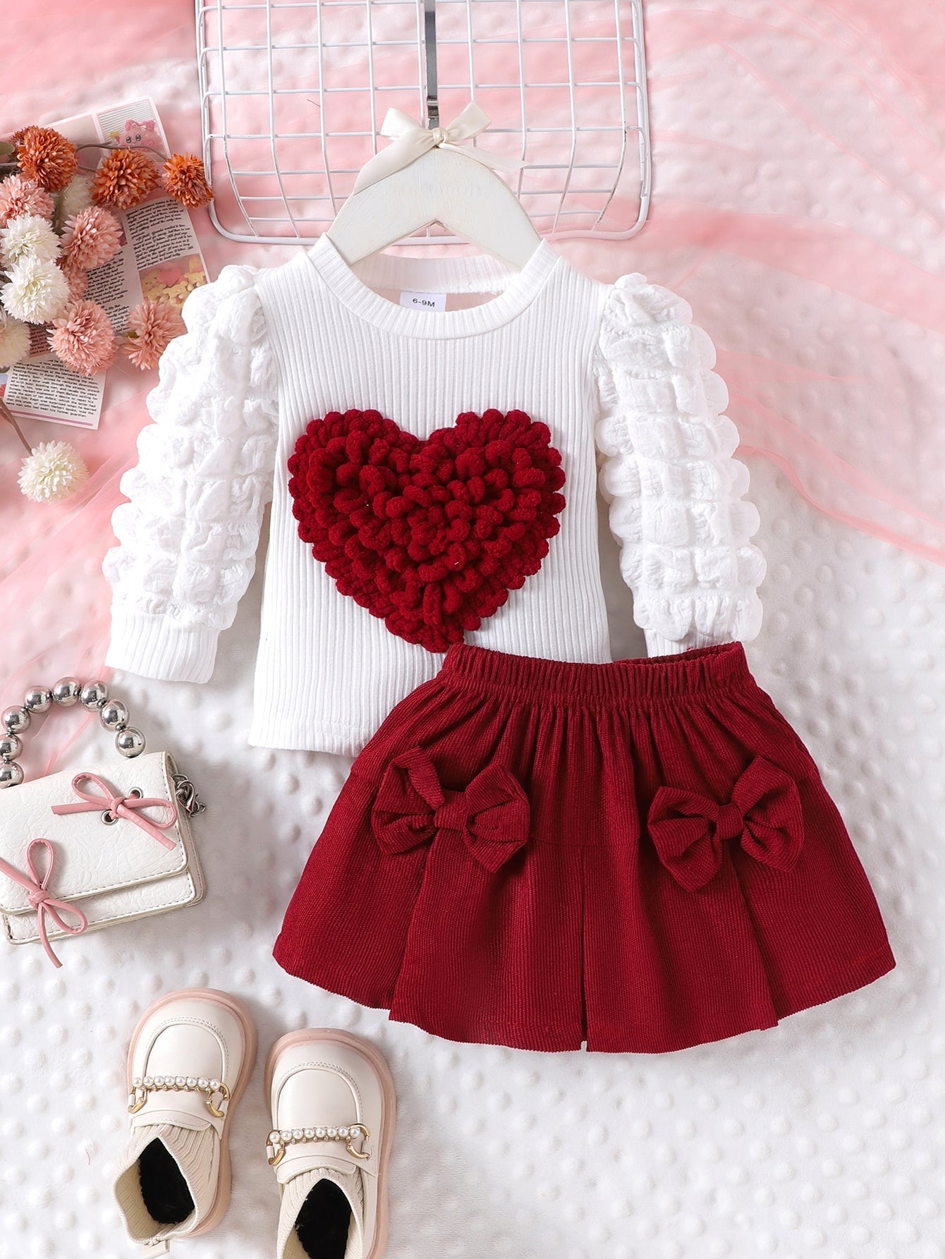 Baby Girls Spring/Autumn Puff Long-sleeve T-shirt with 3D heart pattern and Corduroy Bow Skirt Two-piece Set