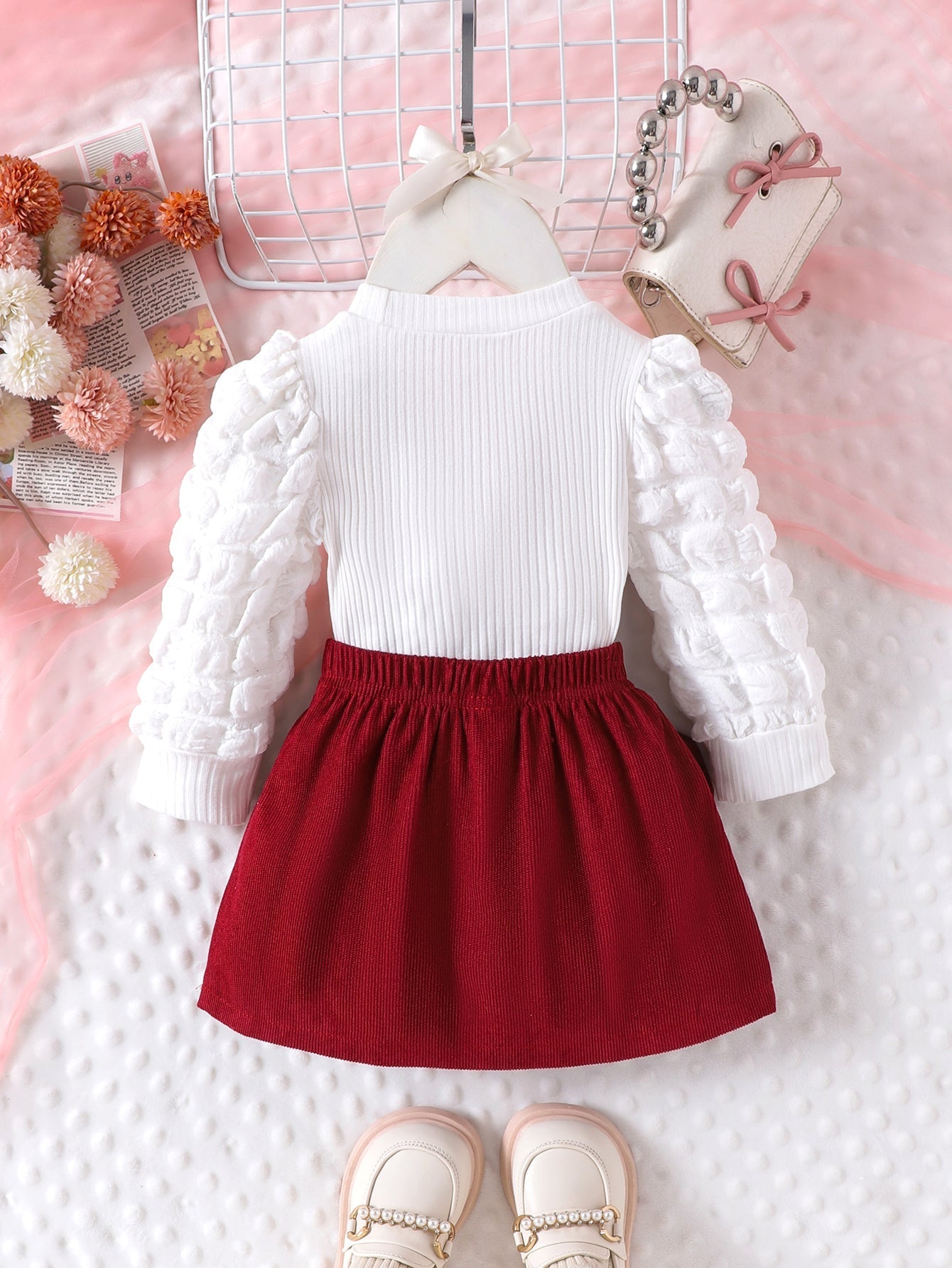 Baby Girls Spring/Autumn Puff Long-sleeve T-shirt with 3D heart pattern and Corduroy Bow Skirt Two-piece Set