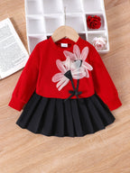 Baby Girls Autumn/Spring 3D Floral Long-Sleeved Sweatshirt and Pleated Skirt Two-Piece Set