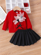 Baby Girls Autumn/Spring 3D Floral Long-Sleeved Sweatshirt and Pleated Skirt Two-Piece Set
