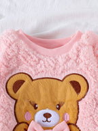 طقم مكون من قطعتين للبنات الصغيرات، مناسب لفصلي الربيع والخريف، يتكون من سويت شيرت وبنطال مطرزين برسومات دببة قطيفة بأكمام طويلة