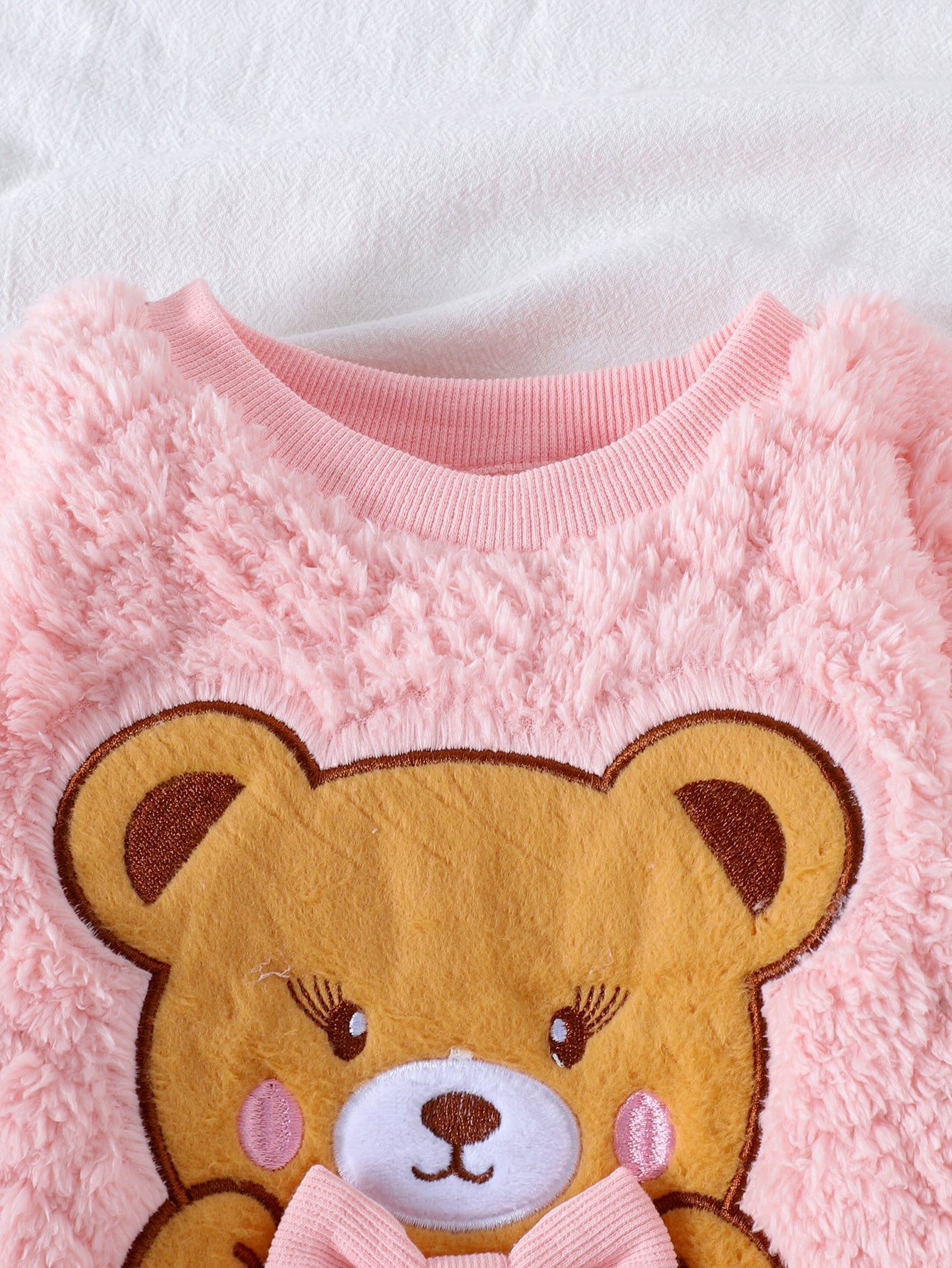 Baby Girls Spring/Autumn Long-Sleeve Bear Plush Appliqué Embroidered Sweatshirt and Pants Two-Piece Set