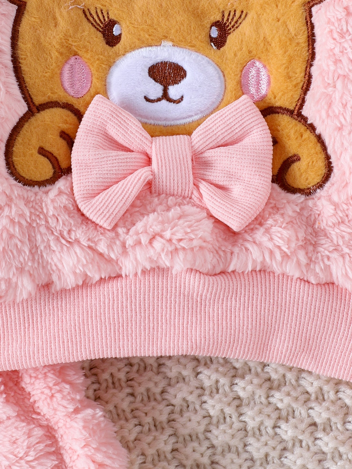 Baby Girls Spring/Autumn Long-Sleeve Bear Plush Appliqué Embroidered Sweatshirt and Pants Two-Piece Set