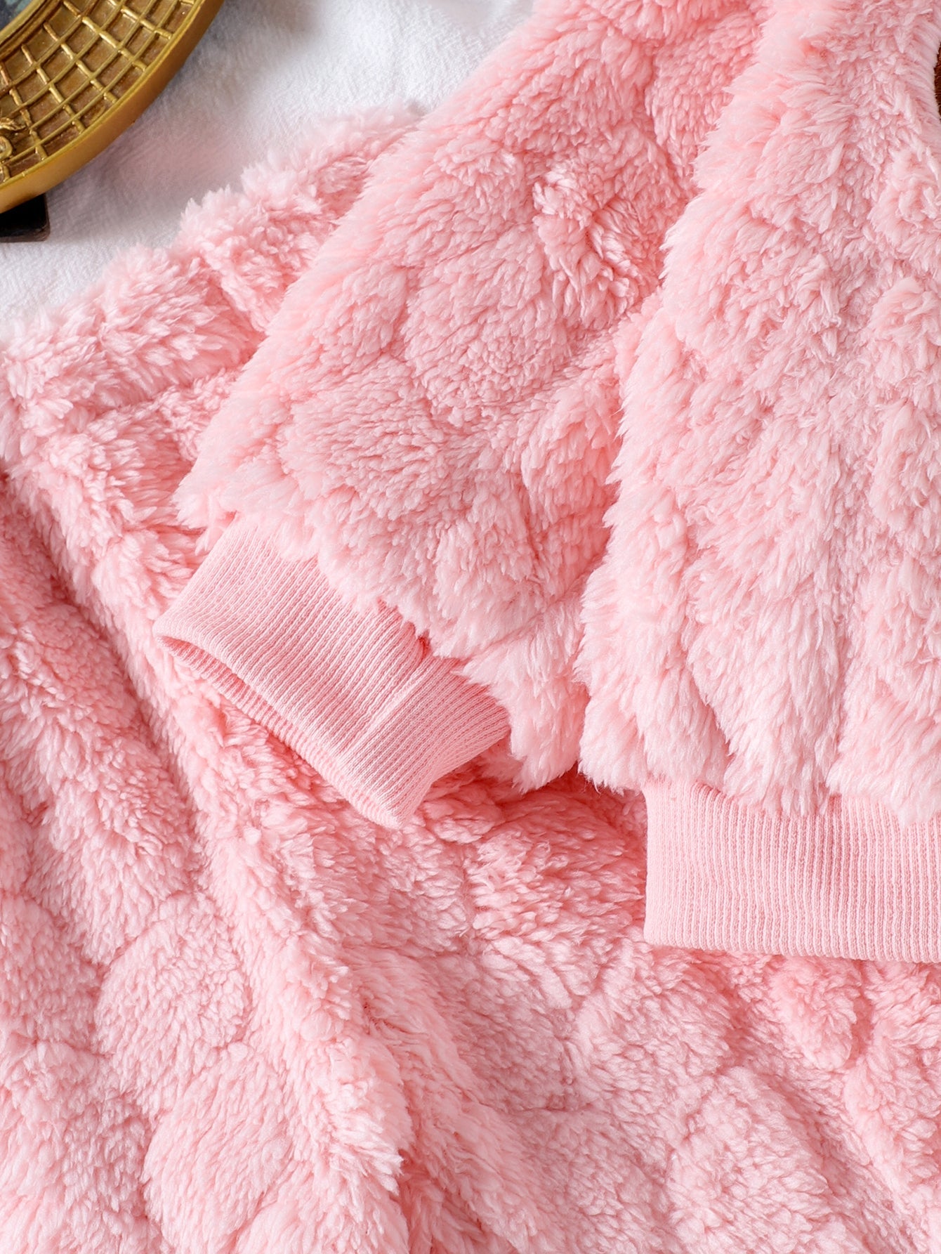 Baby Girls Spring/Autumn Long-Sleeve Bear Plush Appliqué Embroidered Sweatshirt and Pants Two-Piece Set