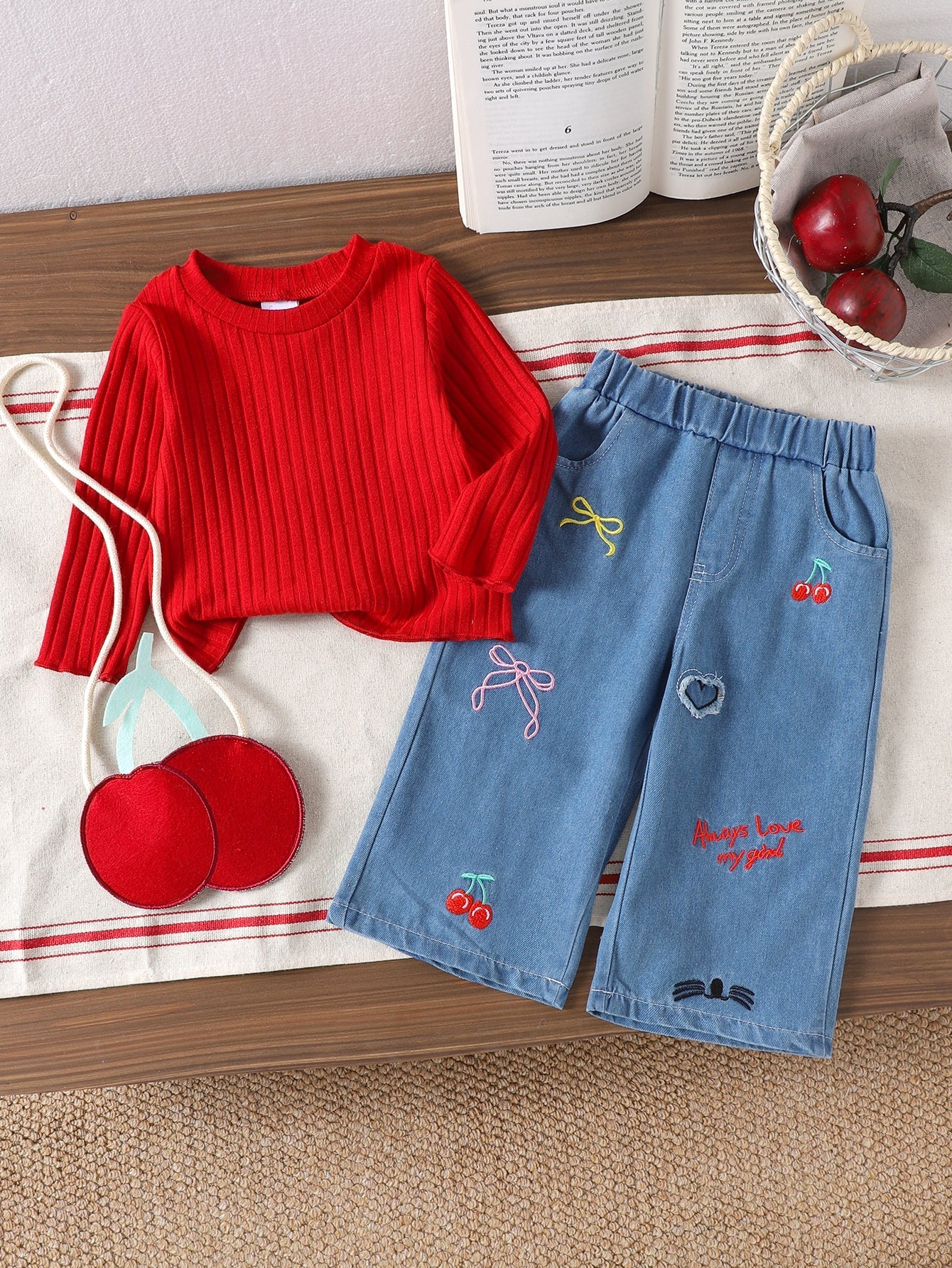 Baby Girls Spring/Autumn Long-sleeve Red Ribbed Top and Rmbroidered Teans Two-piece Set
