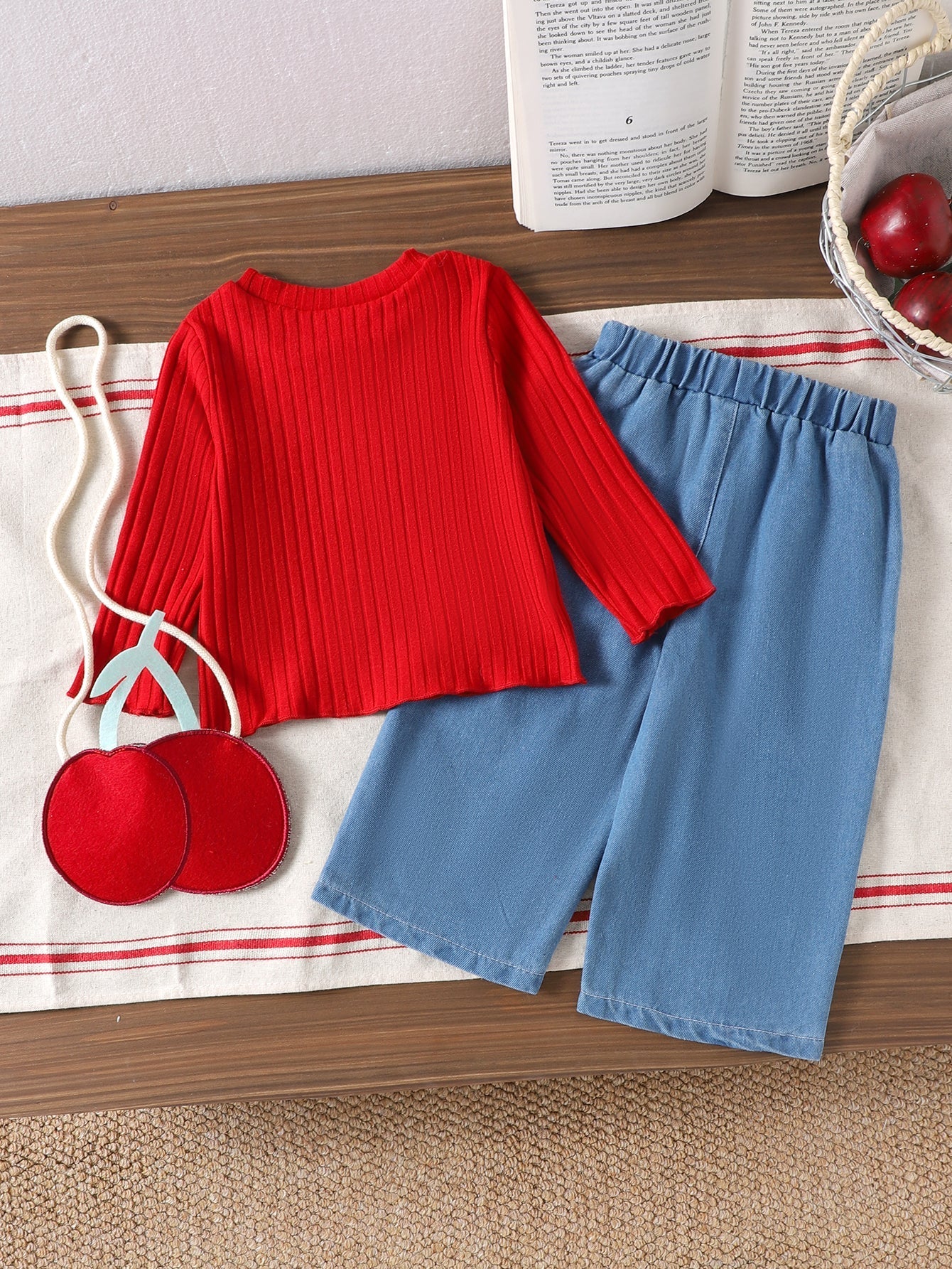 Baby Girls Spring/Autumn Long-sleeve Red Ribbed Top and Rmbroidered Teans Two-piece Set