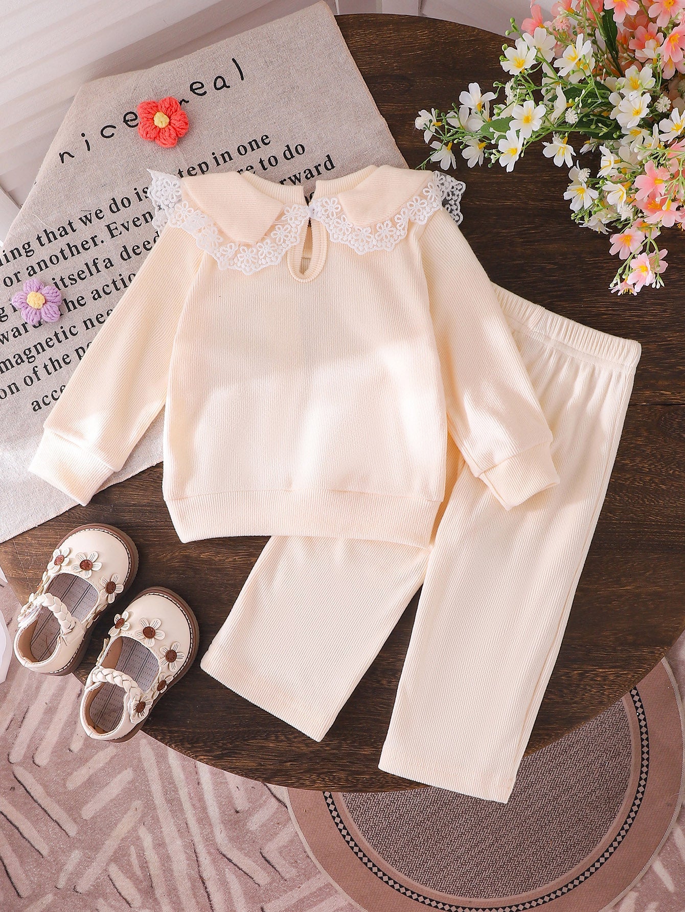 Baby Girls Spring/Autumn Long-Sleeve Peter Pan Collar Lace Sweatshirt  and Pants Two-Piece Set