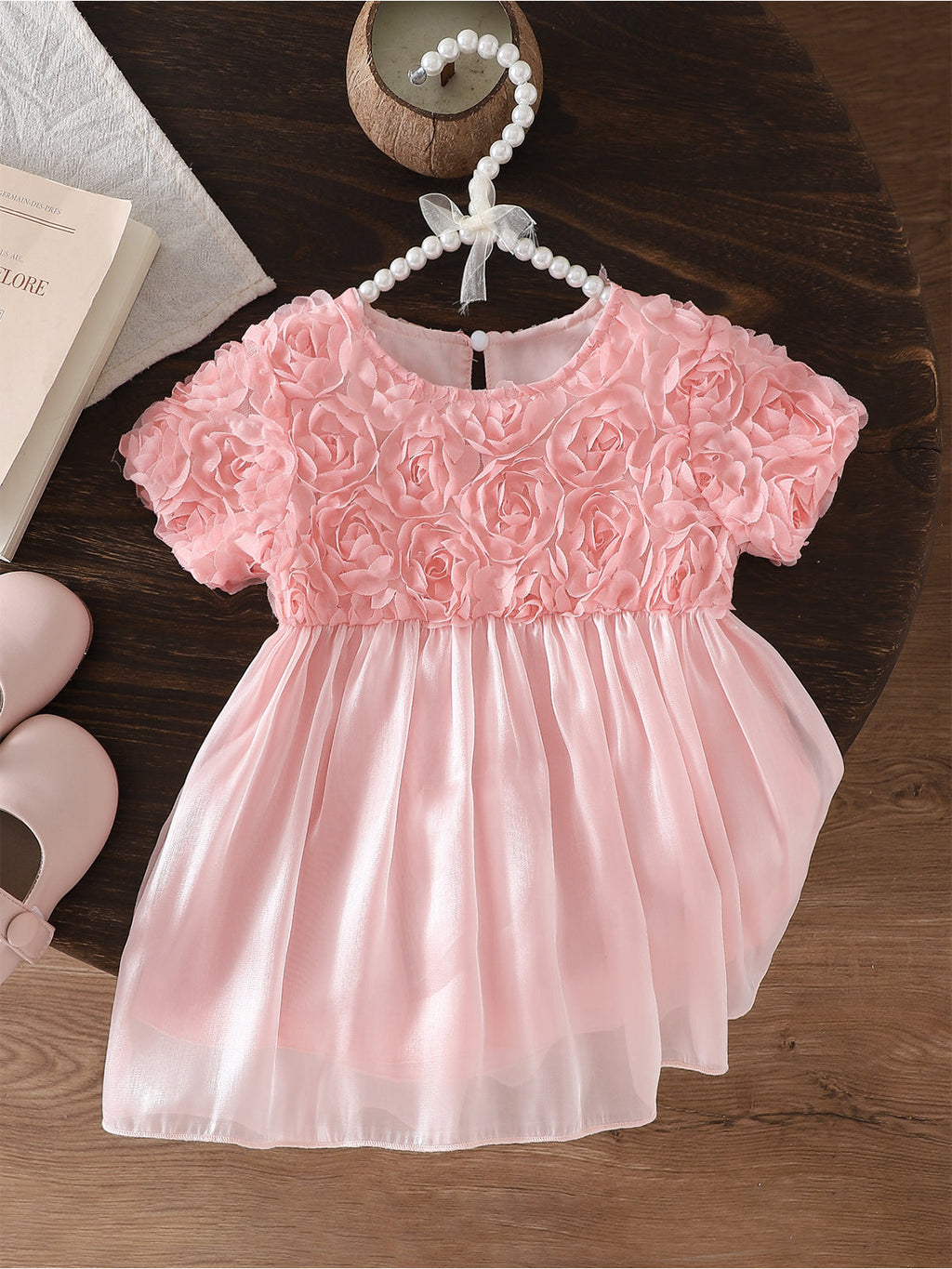 Baby Girl's Summer Pink 3D Rose Short-Sleeved Tulle Dress Princess
