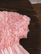 Baby Girl's Summer Pink 3D Rose Short-Sleeved Tulle Dress Princess