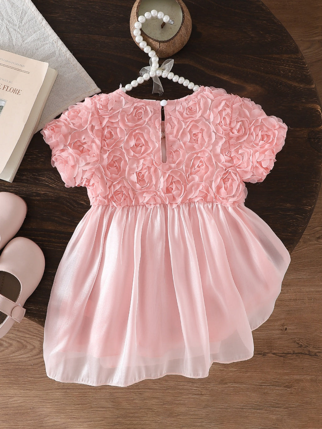 Baby Girl's Summer Pink 3D Rose Short-Sleeved Tulle Dress Princess