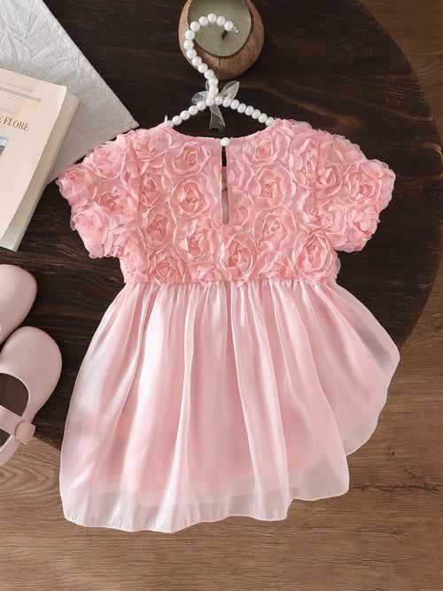 Baby Girl's Summer Pink 3D Rose Short-Sleeved Tulle Dress Princess