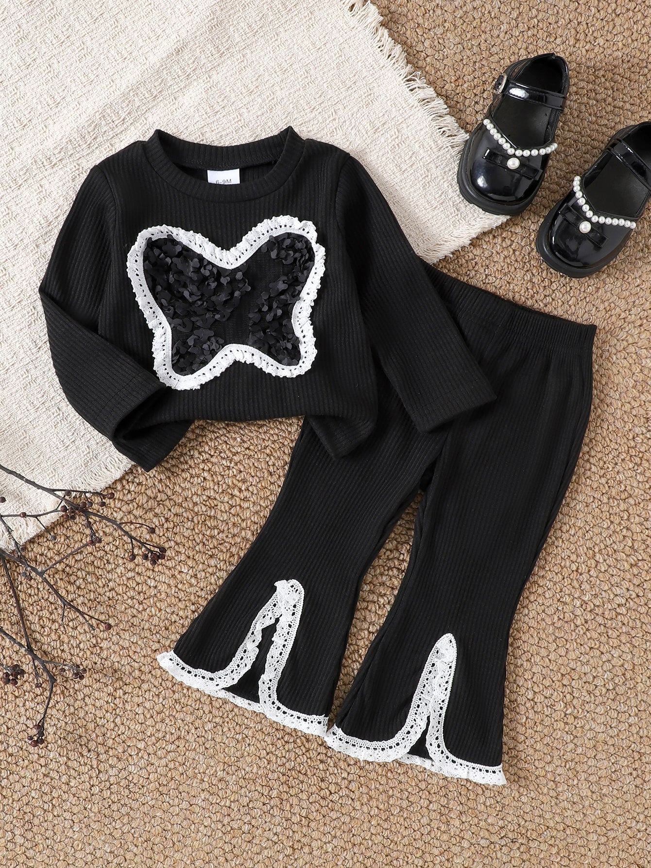 Baby Girls Spring/Autumn Long-sleeve 3D Butterfly Long-sleeve Ribbed T-shirt and Flared Pants Two-piece Set